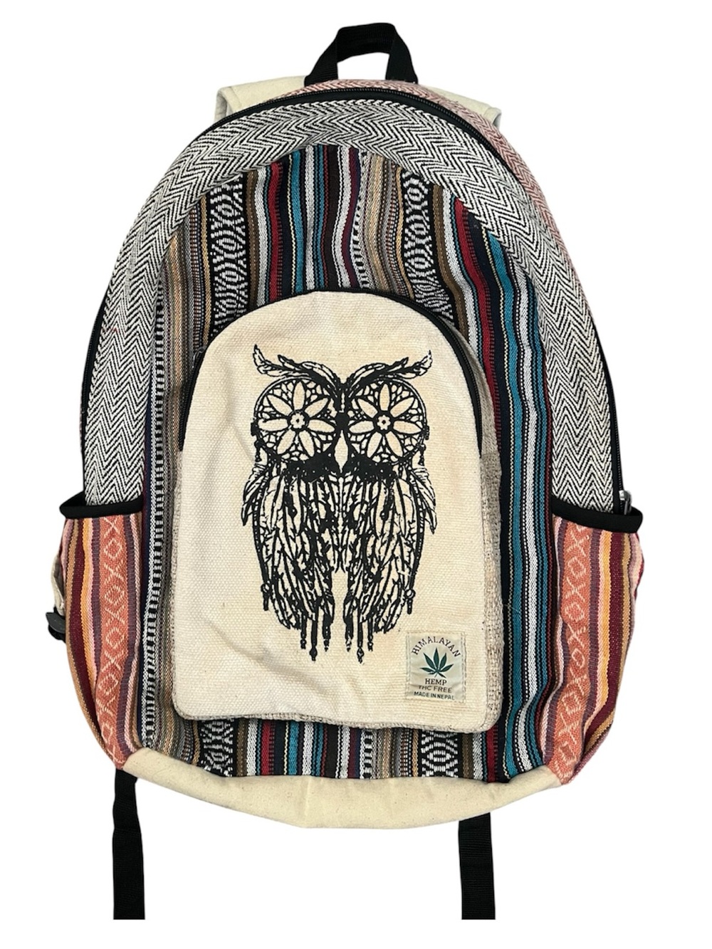 Himalayan Hemp Backpack Owl Graphic Striped Canvas Herringbone Tweed Multi